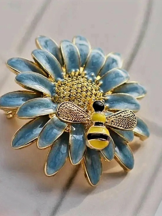 Accessories - Blue Enamel Flower Brooch with Bee Accent